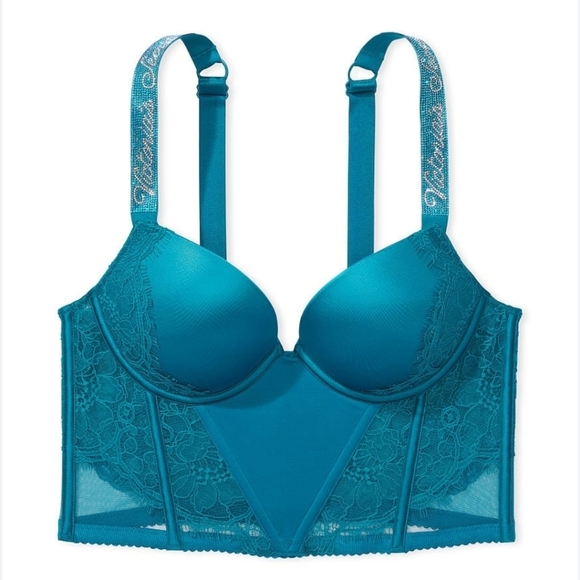 Victoria Secret Teal Lace Corset Bustier Push-Up Bra 38DD Very Sexy Shine Strap - Picture 1 of 14
